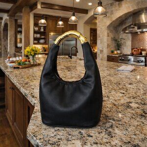 Black Leather Hobo Shoulder Bag with Gold Handle